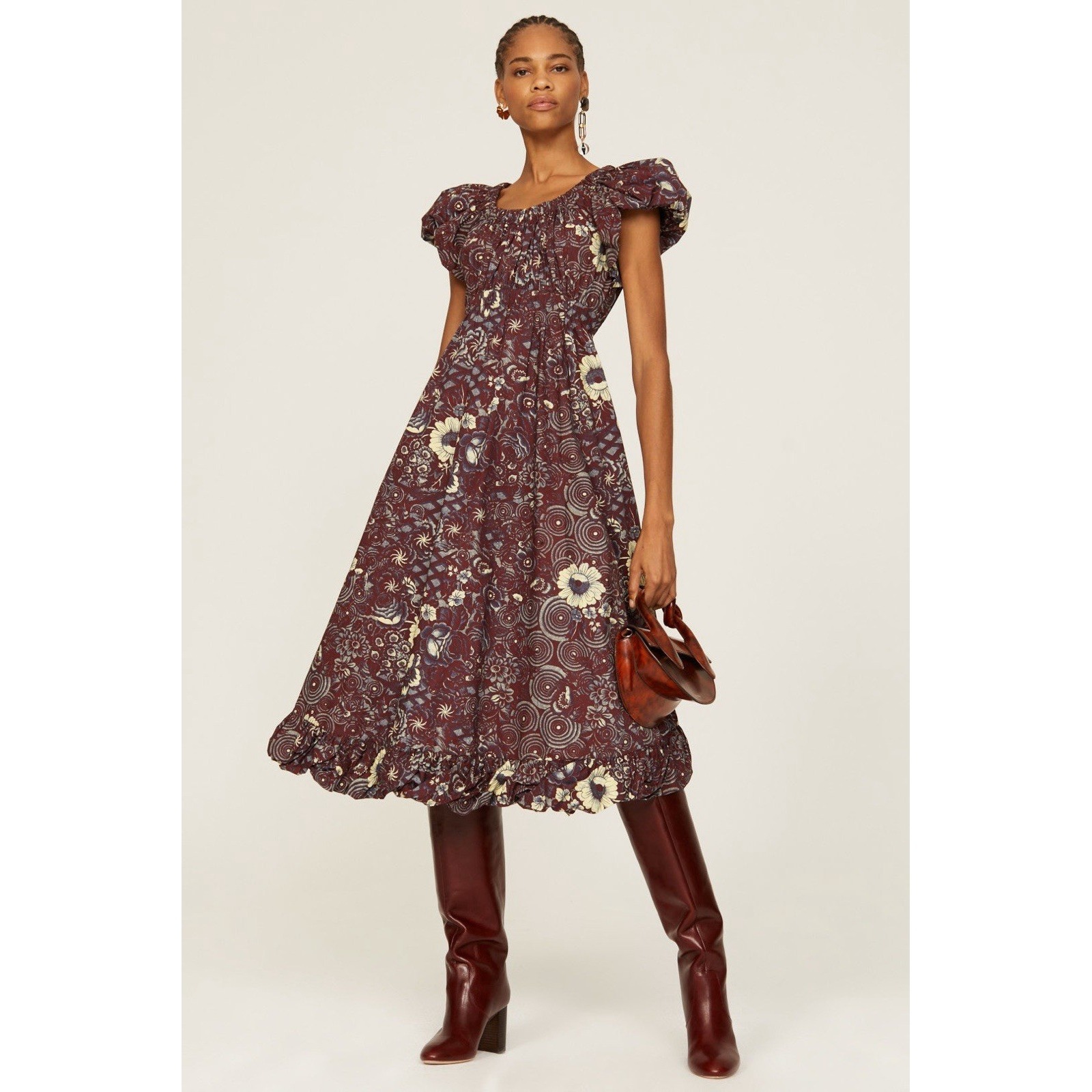 Ulla Johnson Nanette Dress 6 Burgundy Heliotrope Floral Cotton Midi Boho Prairie